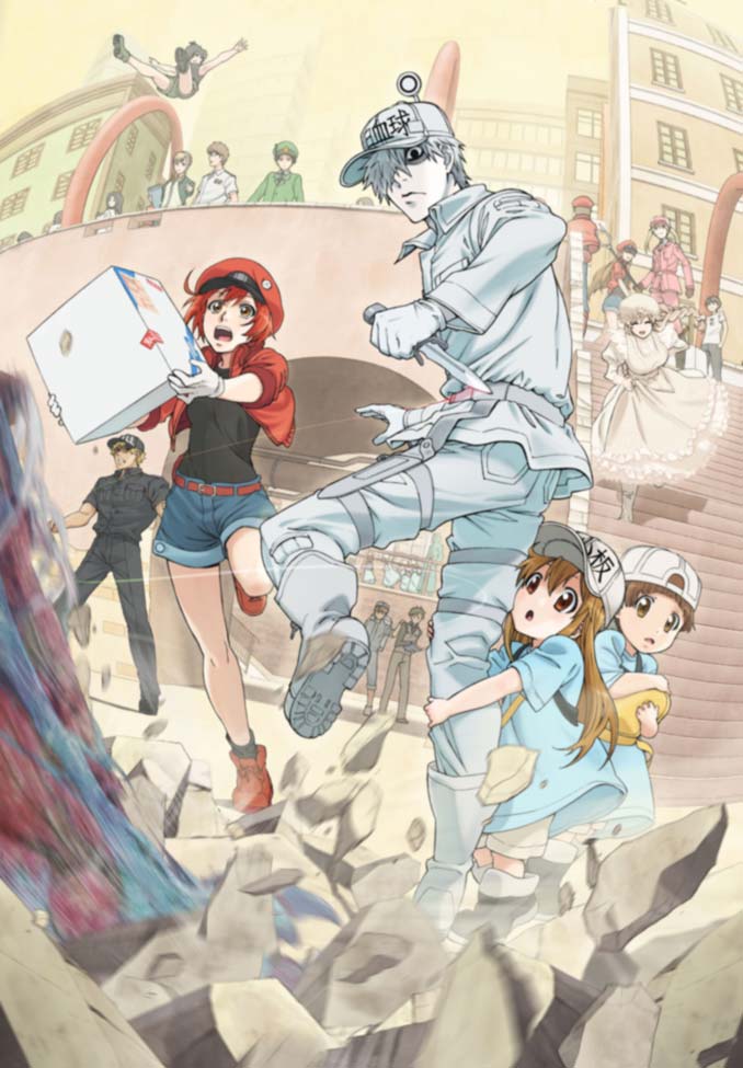 The characters of Cells at Work jump and stumble into action behind the rubble of an incoming invader.