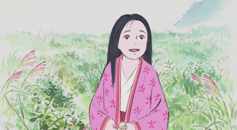 Screencap from Studio Ghibli's Kaguya-hime. Kaguya, a young woman, sits in a field of flowers